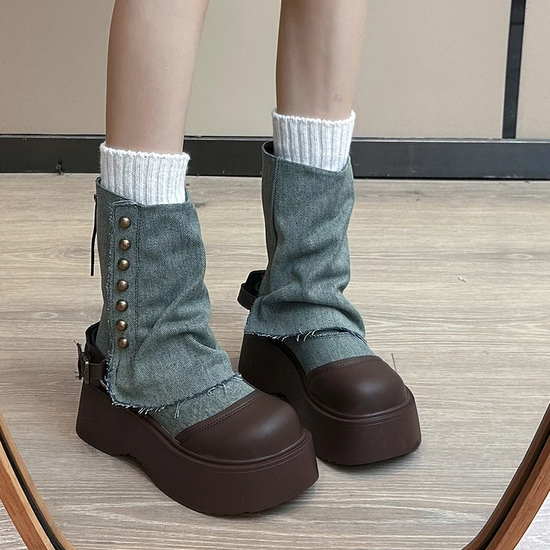 欧洲站2024秋新款牛仔布金属扣短靴圆头厚底休闲裤管靴马丁靴女鞋