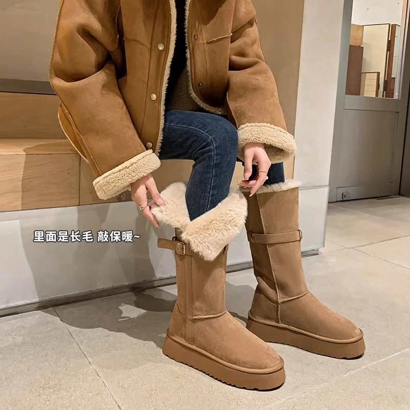 2024冬季新款皮带扣长筒雪地靴骑士靴显瘦不过膝厚底增高东北防滑