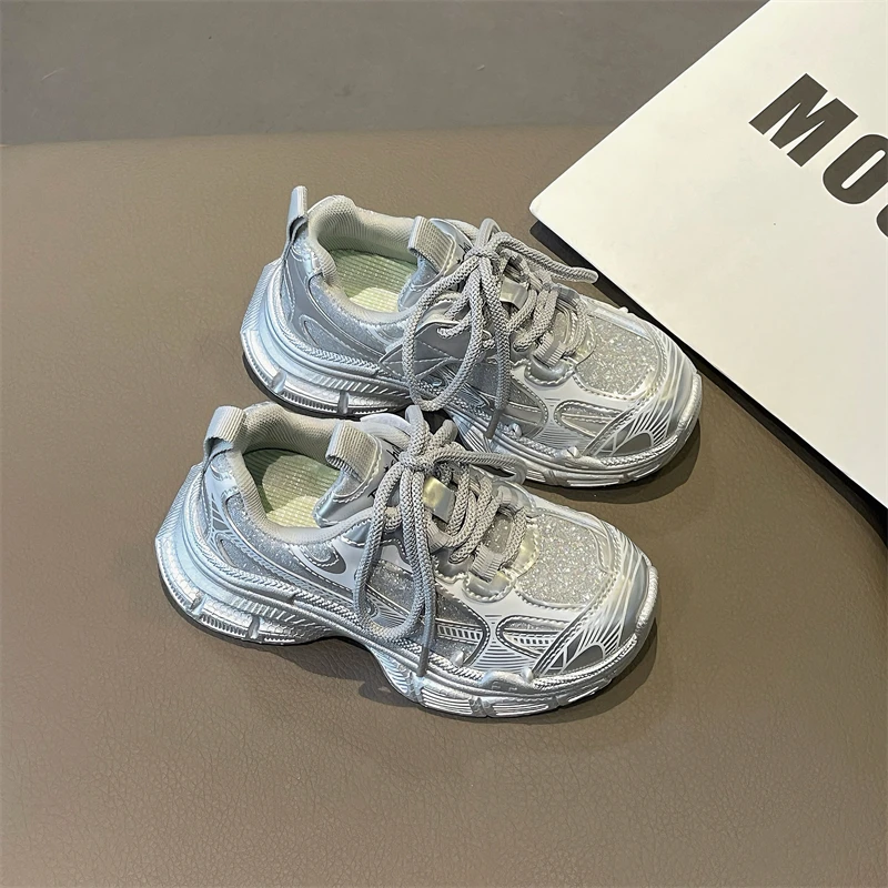 儿童春夏新款舒适百搭运动老爹鞋简约亮晶晶童鞋