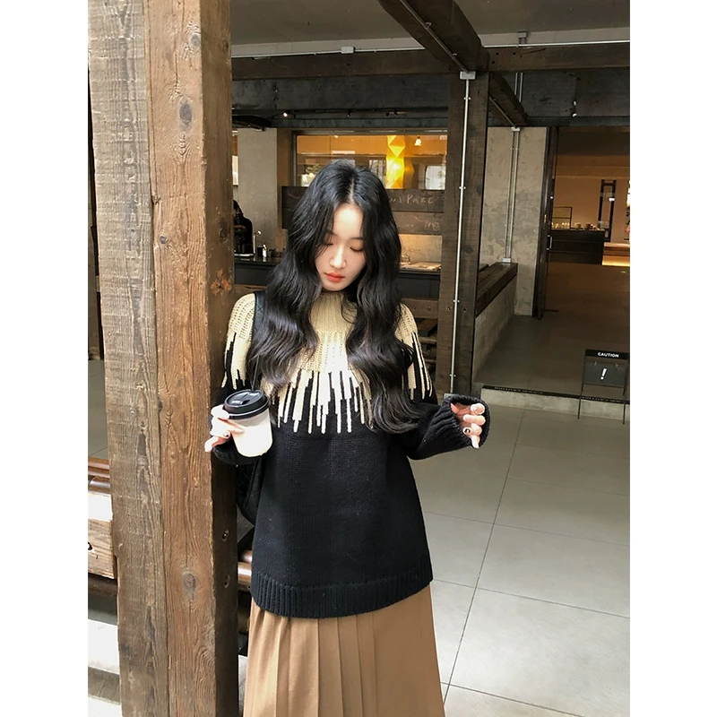 任小艺新品 高达1000g！手工挑针琴键撞色慵懒风秋冬毛衣女