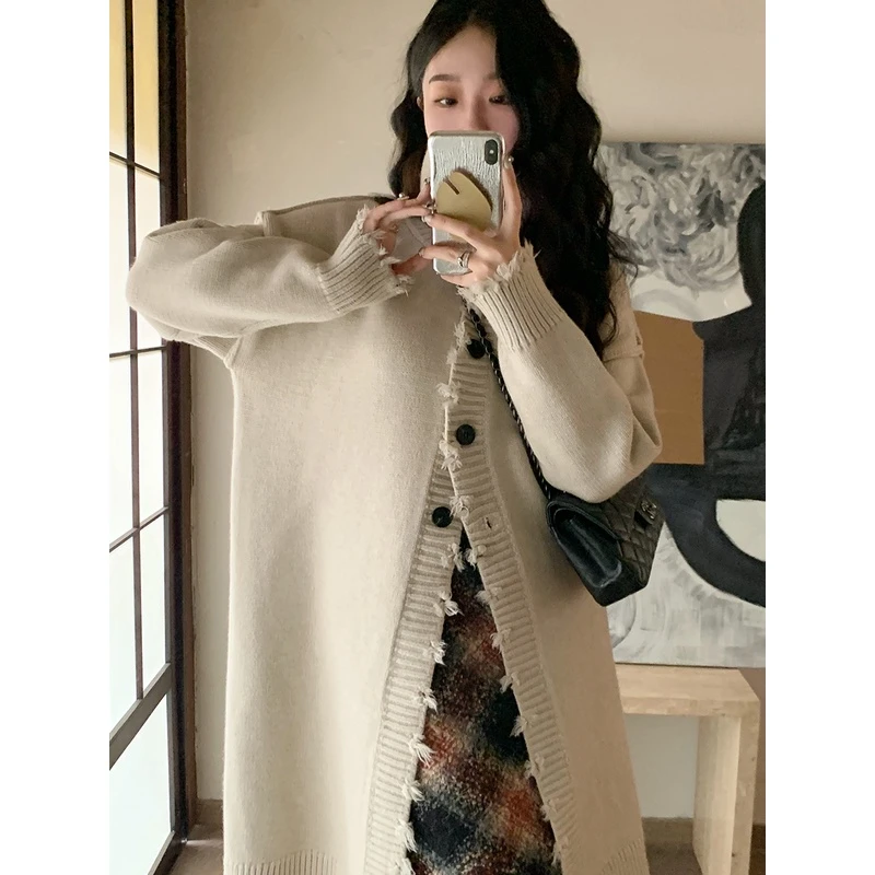 Lit e mode【现货】复古流苏中长款开衫针织外套女秋冬慵懒风上衣