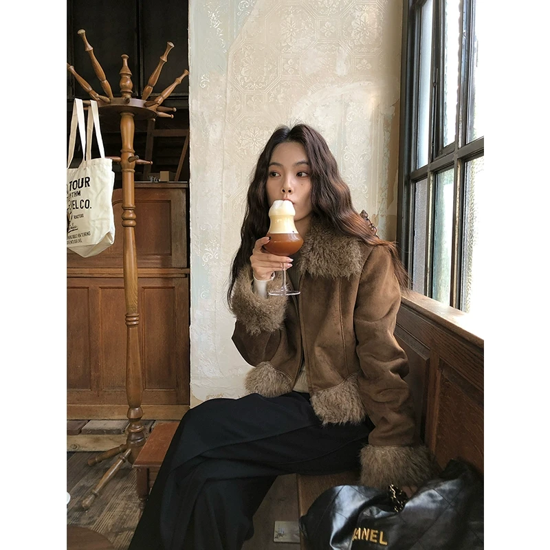 任小艺【新品】巴恩皮毛一体外套羊滩毛羊 羔毛短款夹克女