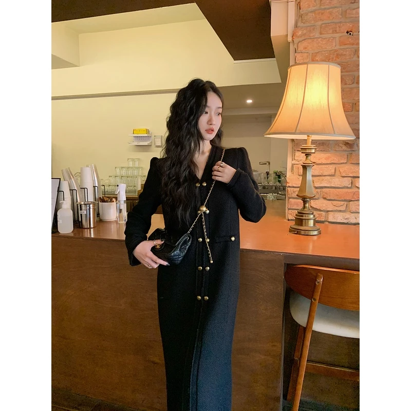 Lit e mode法式小香风高级感连衣裙长款V领长袖粗花呢长裙