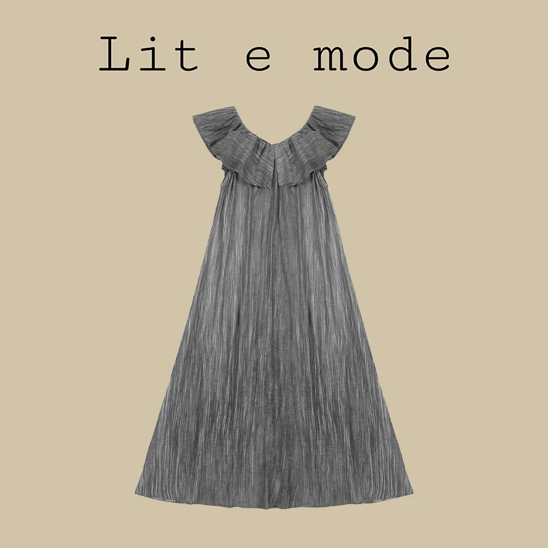 Lit e mode夏季复古小众荷叶边露肩两穿连衣裙垂坠感遮肉显瘦长裙