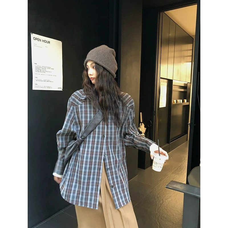 任小艺【新品】高克重色织格纹衬衫女秋冬老钱风叠穿衬衫外套