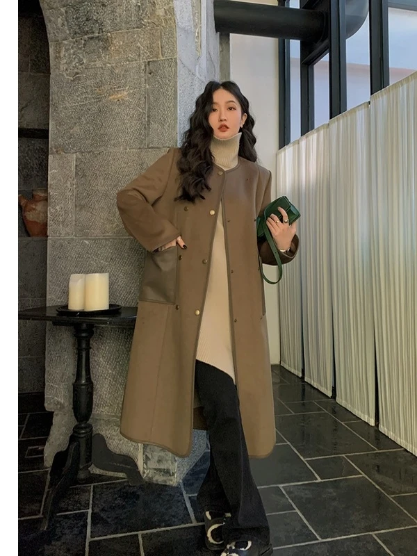 【3折断码 闭店福利】复古拼接双面呢大衣女秋冬韩系收腰显瘦外套