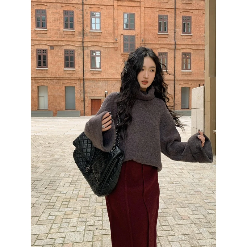 Lit e mode宽松高领毛衣女秋冬慵懒风针织衫内搭复古圆领套头上衣