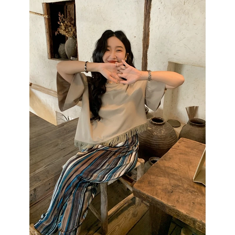 Lit e mode夏季不规则喇叭袖流苏宽松 t恤女高级感复古上衣A1310