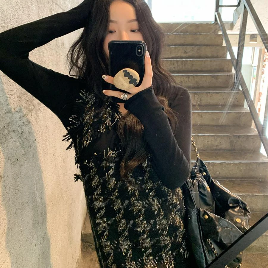 任小艺【10月11日新品】拼接小香风气质格子修身背心裙打底裙秋