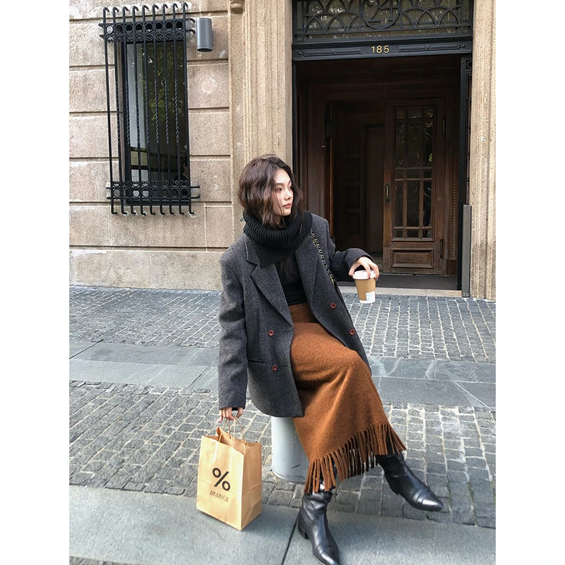 【3折断码 闭店福利】烧花流苏高腰包臀毛呢半身裙