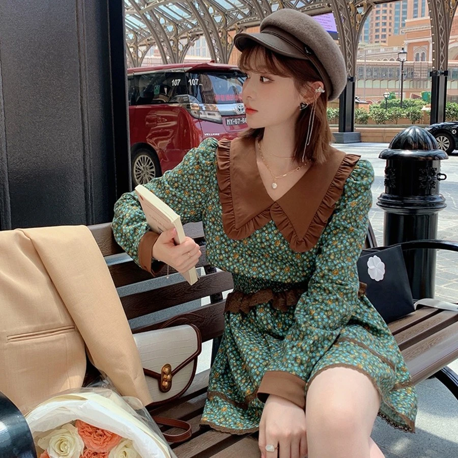 胡诗萌Mimo小茗萌 法式气质名媛碎花裙女秋季连衣裙高腰a字短裙子