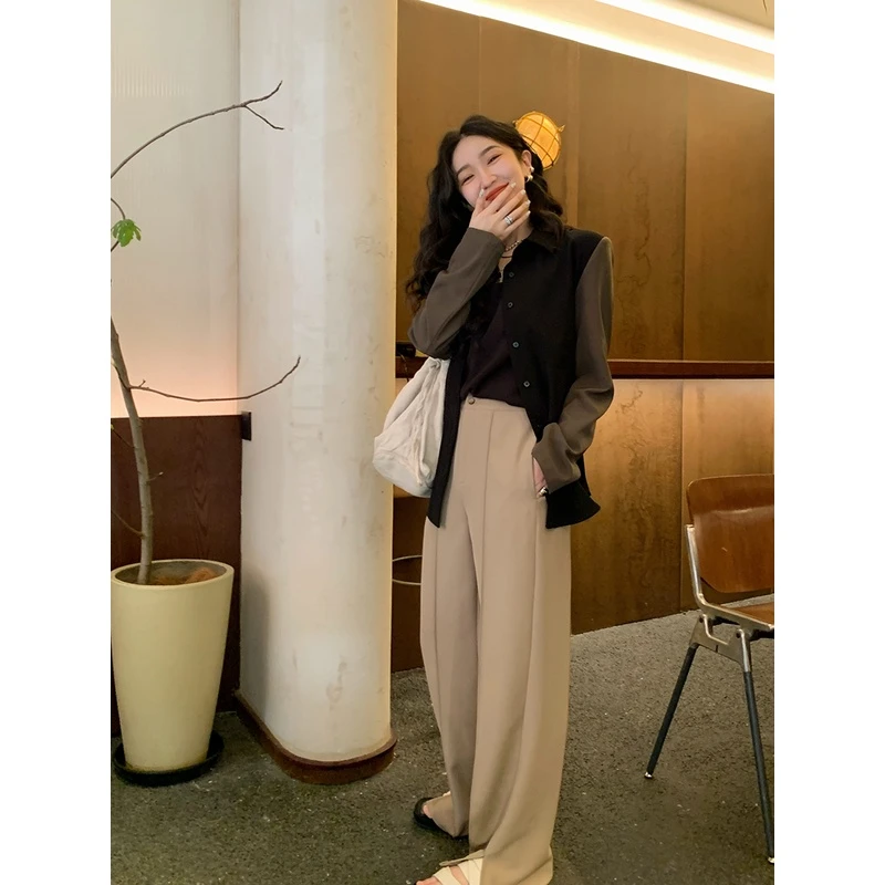 Lit e mode黑色百搭休闲裤女小众开叉直筒西装拖地裤高腰垂感春