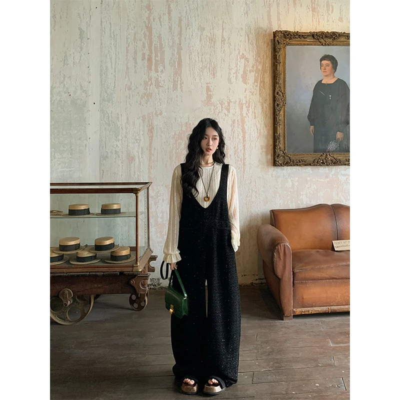 【3折断码 闭店福利】任小艺小香风背带裤长裤+蕾丝上衣两件套套装