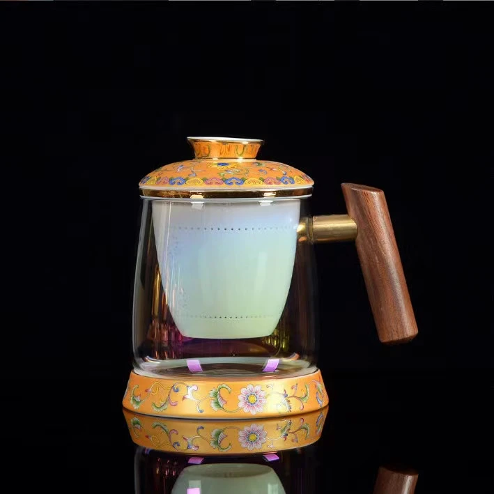新品创意玻璃水杯带盖过滤陶瓷茶杯商务礼品珐琅彩茶水分离泡茶杯