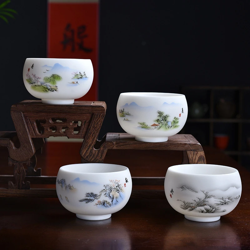 羊脂白玉瓷素烧春夏秋冬四季主人杯陶瓷大号品茗杯功夫茶杯禅定杯