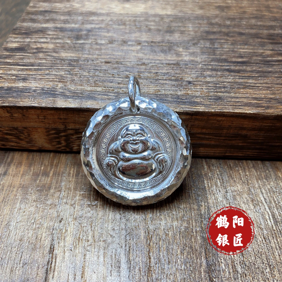 足银银制品 【鹤阳银匠】手工制作足银999弥勒佛吊坠时尚设计挂件