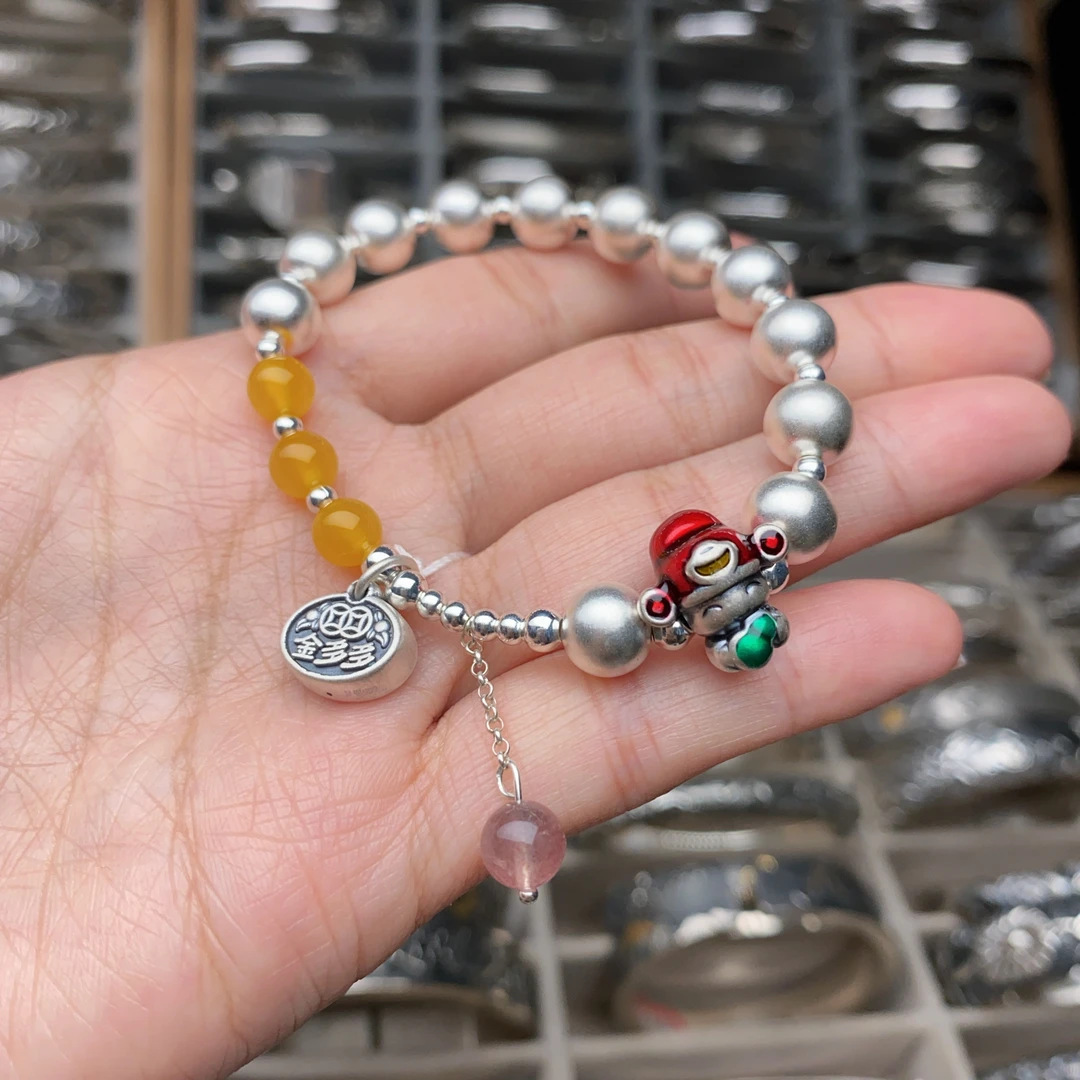 足银银制品 足银手链复古磨砂手工拉丝彩色小财神手链纯手工百搭