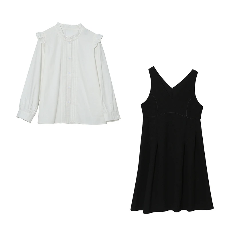 2335微胖大码法式通勤风气质背带裙套装娃娃领衬衫两件套