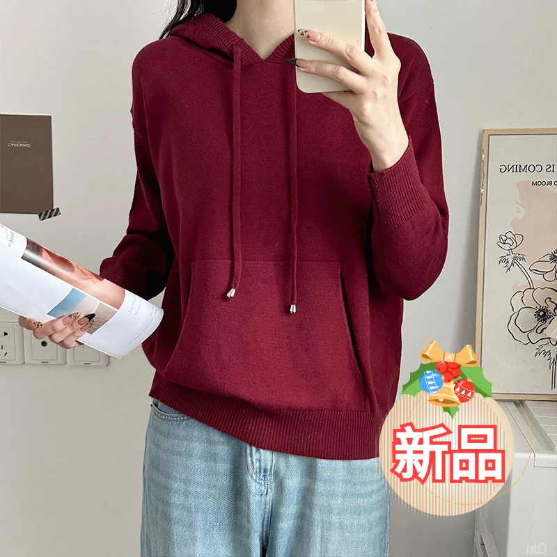 新款秋冬套头宽松时尚休闲百搭针织衫女士显瘦加厚羊毛连帽卫衣