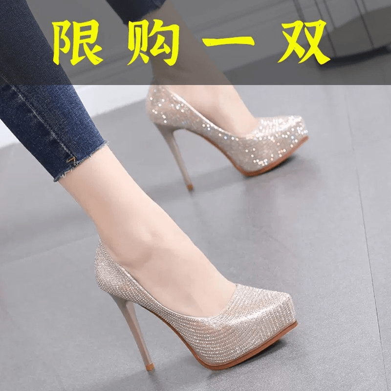 达芙妮沿荐2023年春秋新款水钻防水台浅口女高跟鞋伴娘礼服单鞋细