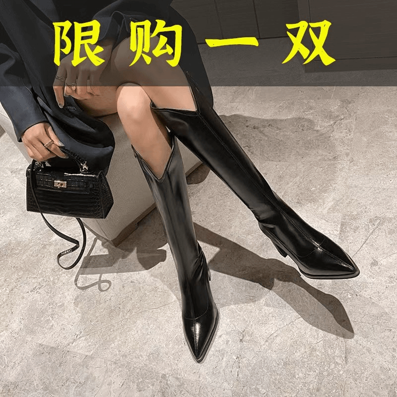达芙妮沿荐2023尖头高跟瘦瘦靴V口瘦瘦长靴女真皮长筒靴骑士靴粗