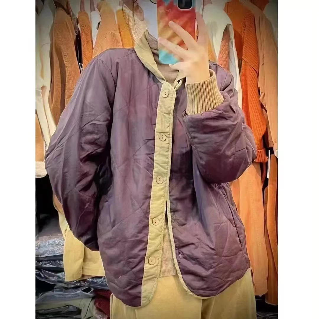 冬季简约撞色拼色时尚菱格立领保暖内外搭单排扣设计感棉服E15#