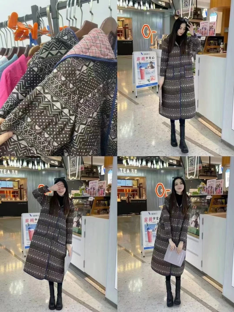 民族风几何图印花连帽休闲加棉加厚中长款棉服外套宽松棉衣N33