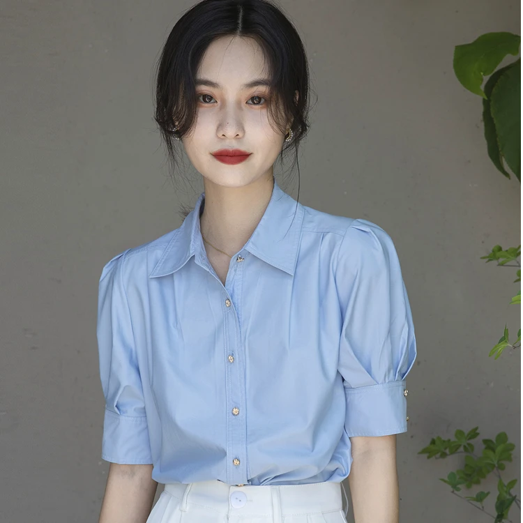 法式泡泡袖短袖上衣女夏季款小众独特通勤职业正装面试衬衫5588