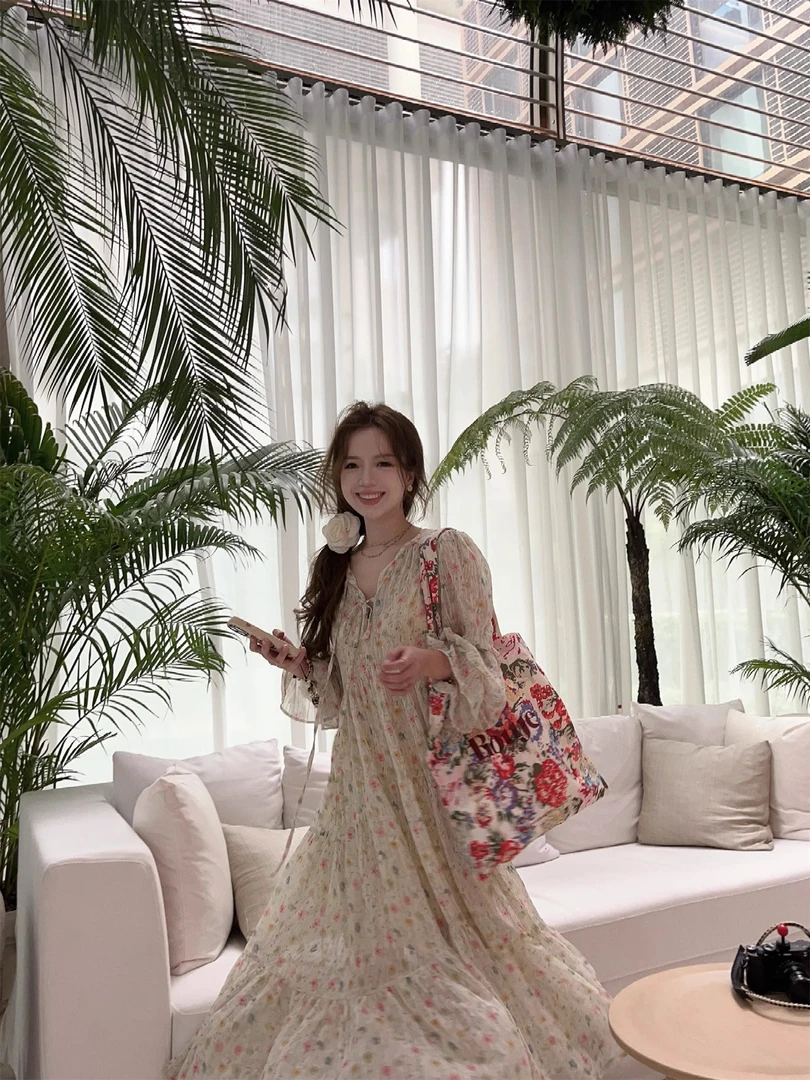 误入莫奈花园 氛围感碎花连衣裙女初春温柔风气质长裙1127