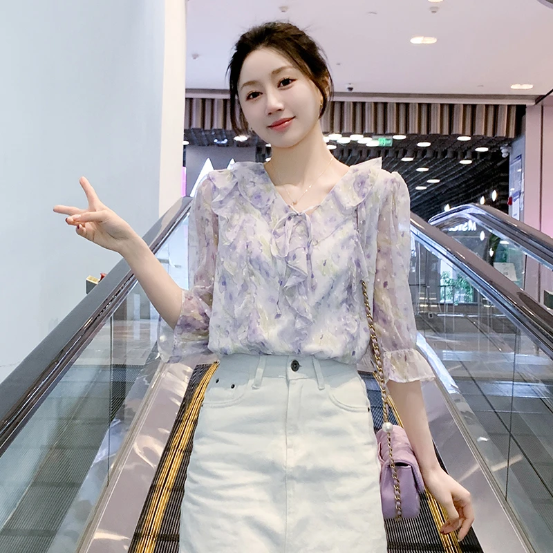 中袖七分袖碎花上衣女夏2025新款减龄漂亮小衫法式荷叶边雪纺衫女