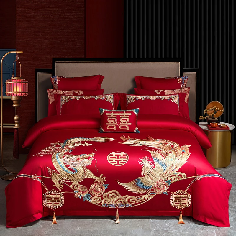 结婚新款长绒棉高支高密绣花婚庆四套件多件套龙凤九天大红中式