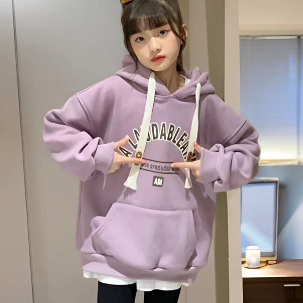 女童百搭连帽宽松中长款加绒儿童中大童女孩韩版冬季洋气学生秋季