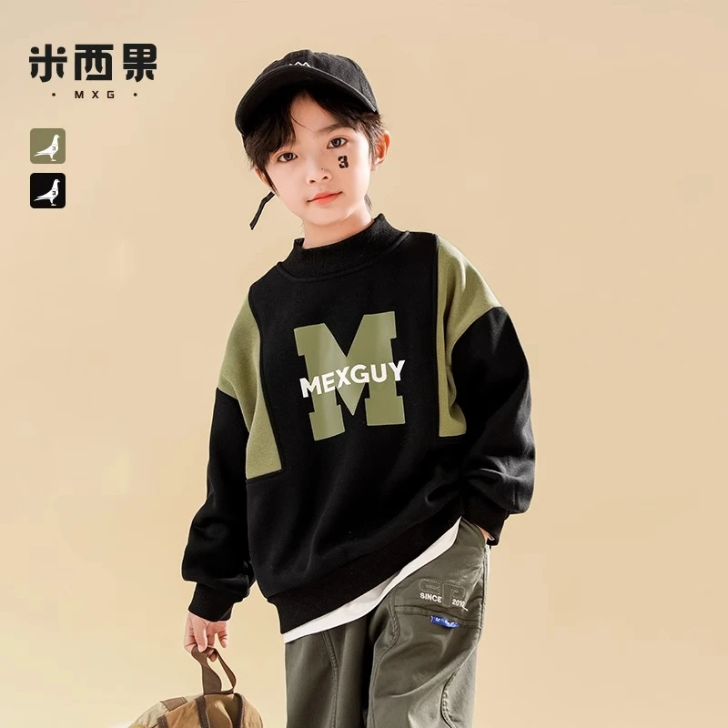 儿童加绒卫衣男童打底上衣中大童长袖男孩高领保暖圆领套头秋冬款