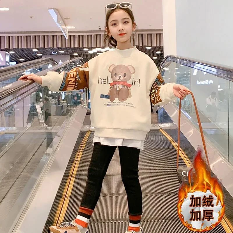 2023新款女童加绒加厚卫衣春秋季冬装女孩中大童儿童卡通休闲上衣