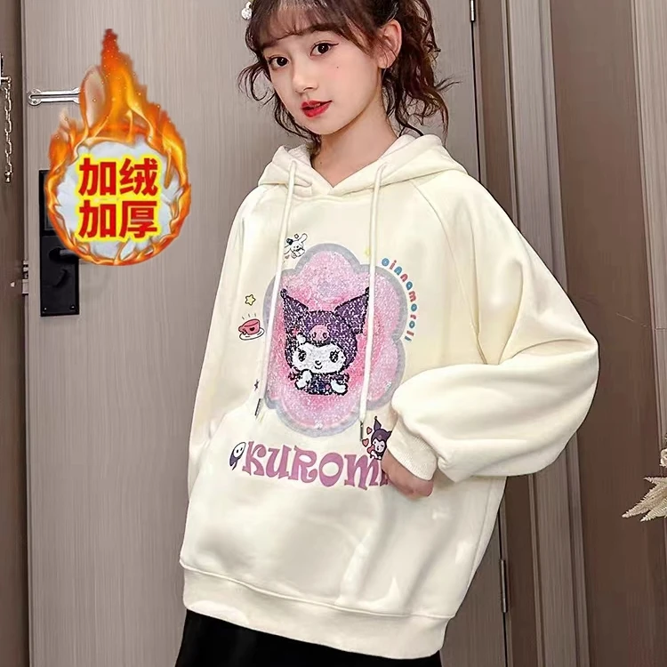 小女孩卫衣中大童学生连帽款加绒银狐绒宽松版百搭款韩版卡通上衣