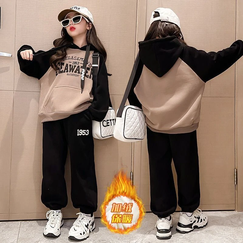 女童加绒套装秋冬新款韩版加厚中大童连帽保暖卫衣女孩网红两件套