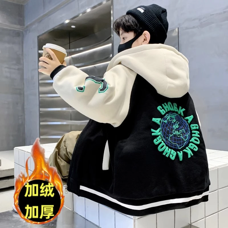 儿童外套上衣童装男童洋气中大童秋冬男孩帅气连帽宽松潮流棒球服