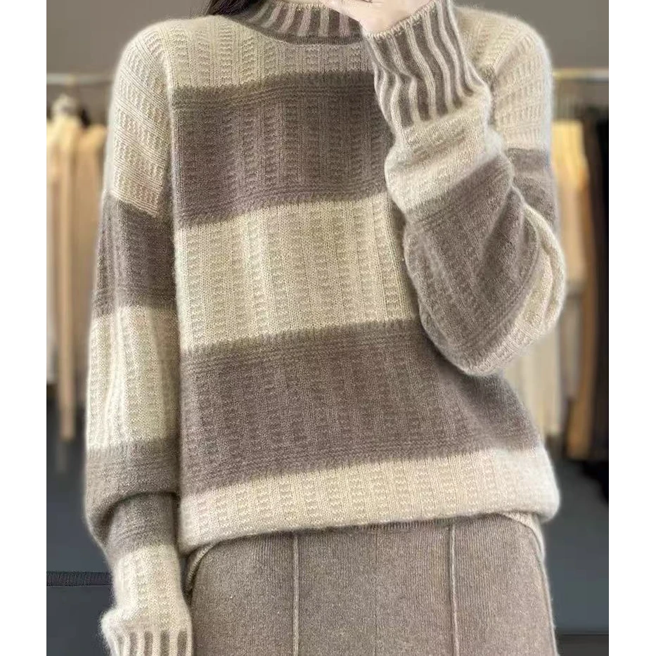 100纯羊毛衫女半高圆领条纹拼色加厚针织打底毛衣宽松慵懒羊毛衫