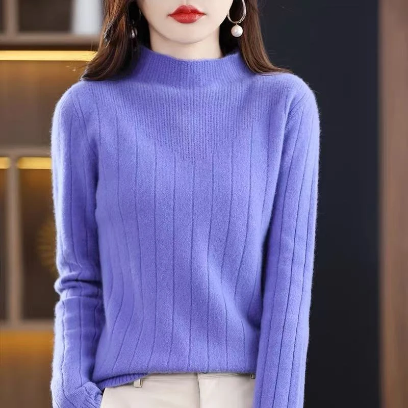 100羊毛衫女毛衣韩版宽松百搭抽条套头毛衣羊毛衫半高领999