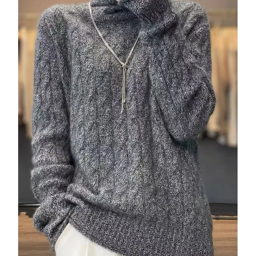 高领麻花加厚复古麻花羊毛衫女高翻领宽松套头打底纯羊毛重工毛衣