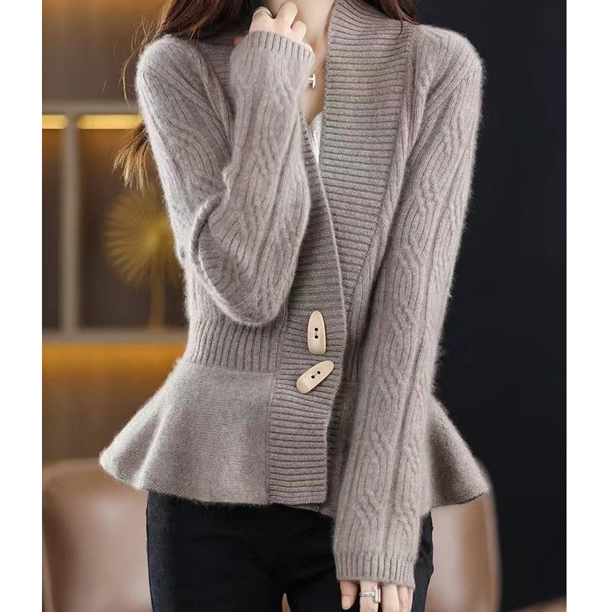 2257法式复古风开衫外贸秋冬羊毛开衫女V领宽松毛衣羊毛针织外套