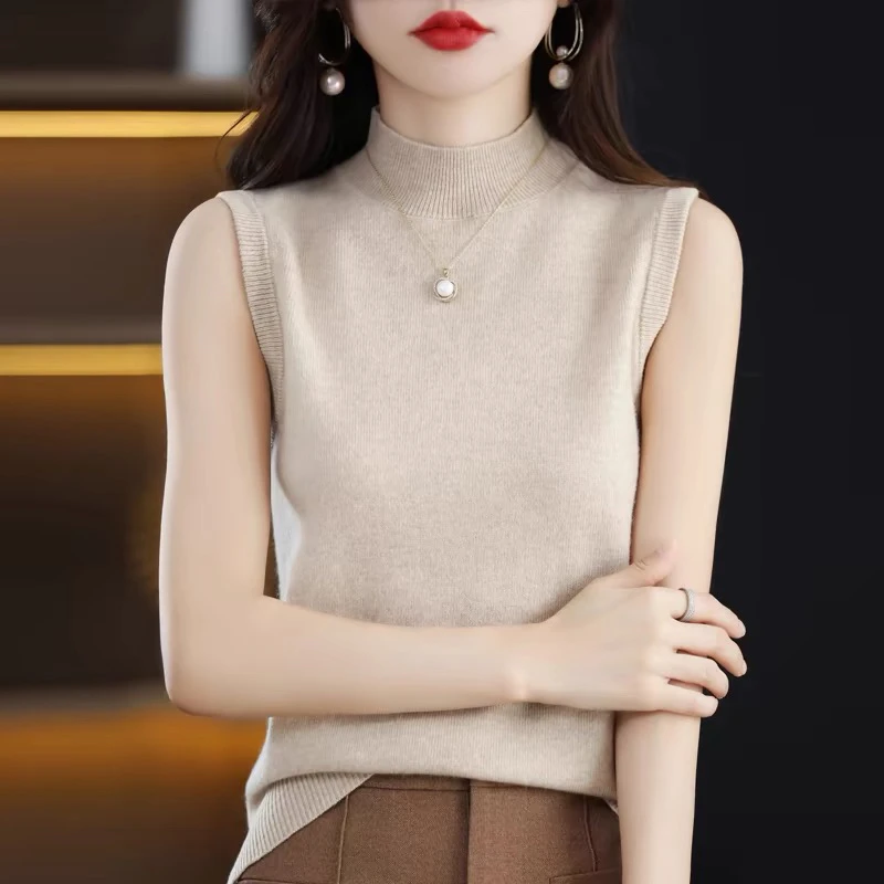 秋冬无袖半高领羊毛衫百搭打底衫修身大码高领时尚百搭