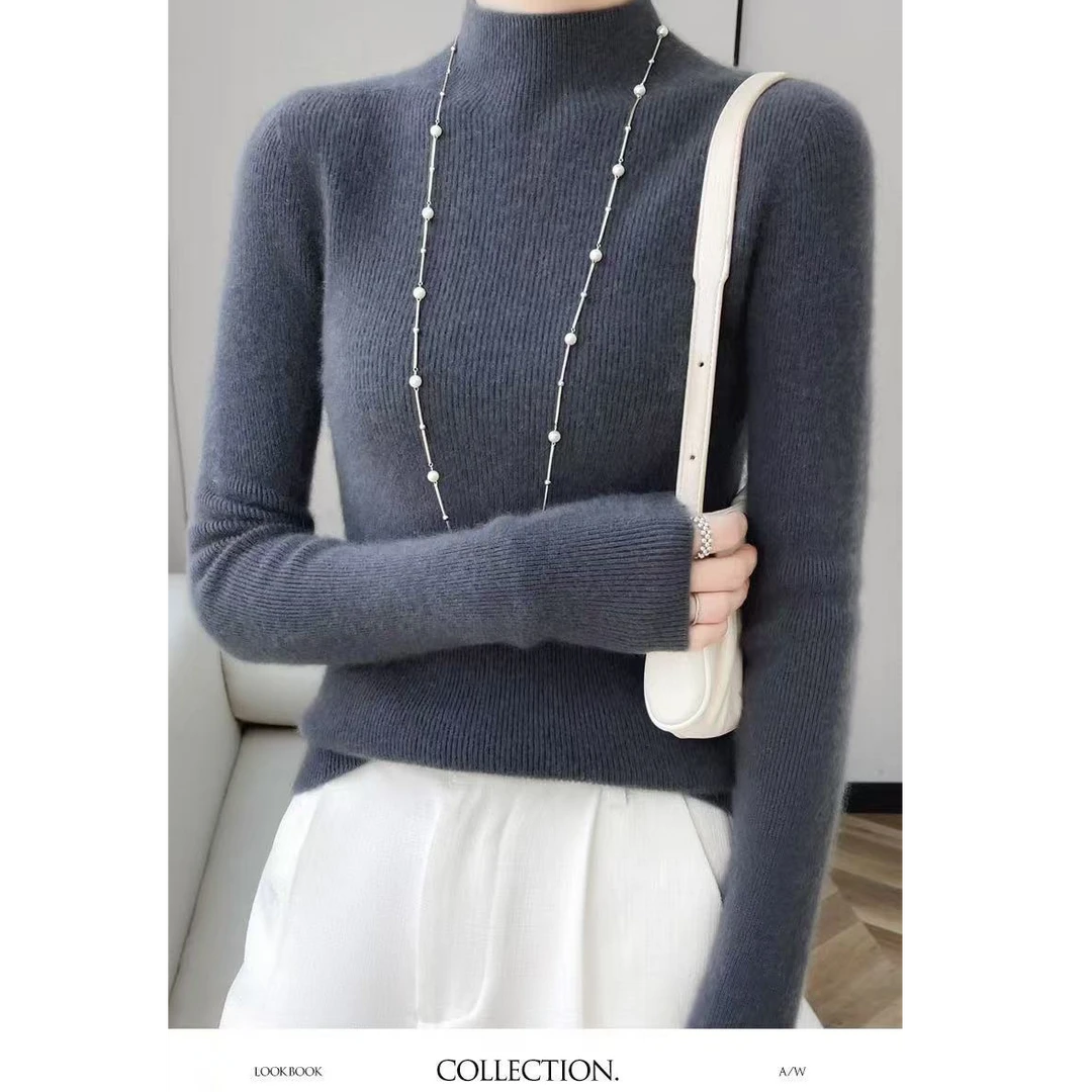 无缝一线成衣 100羊毛半高领抽条显瘦打底衫衫修身