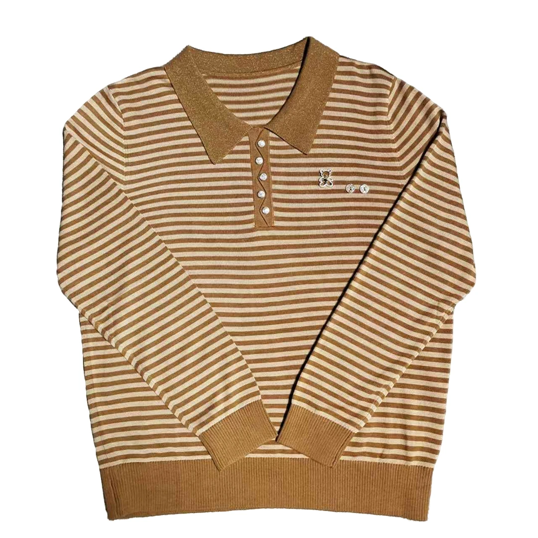 24秋季妈妈装娃娃领莱赛尔条纹长袖针织衫时尚洋气百搭