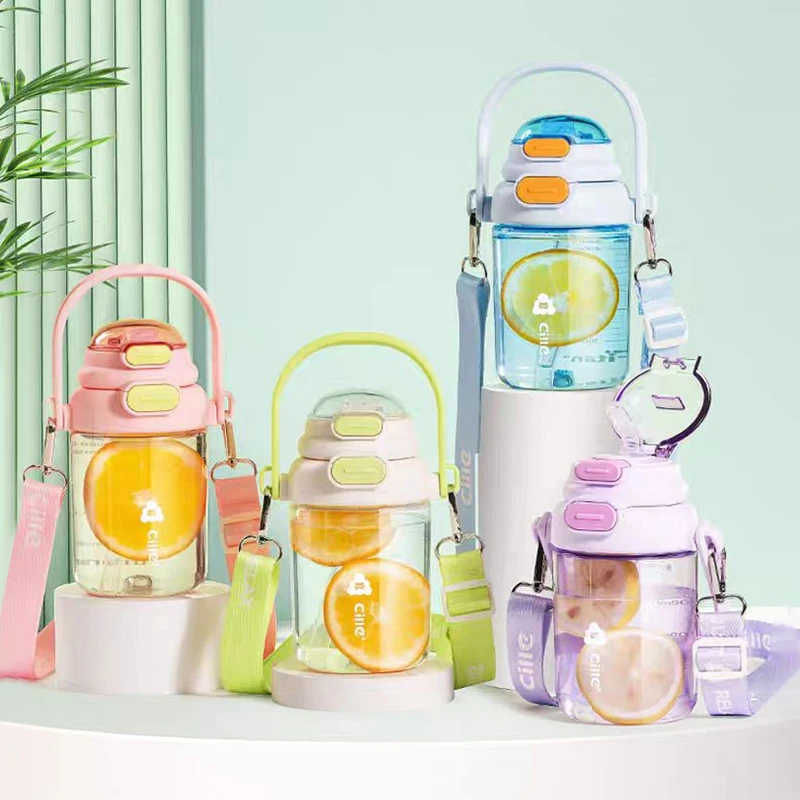 希乐可爱手提直饮幼儿园小学生专用斜跨户外双饮杯夏季防摔塑料杯