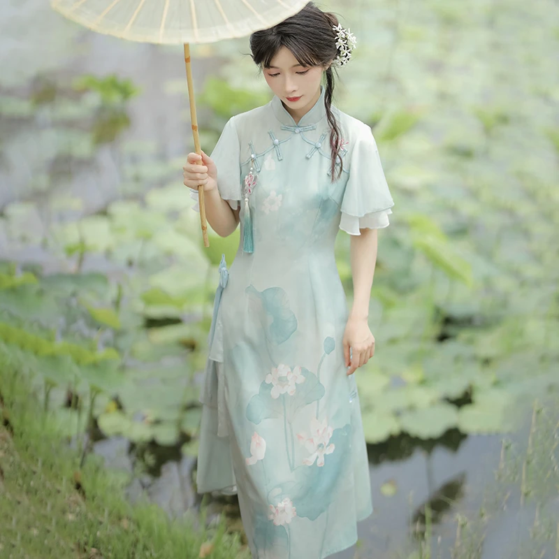 【青荷】原创新中式国风连衣裙2024新款少女风显瘦短袖日常改良旗袍