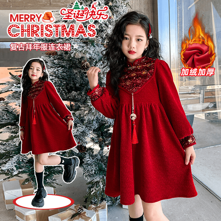 女童连衣裙冬装2023新款洋气儿童加绒公主裙女孩中国风新年裙