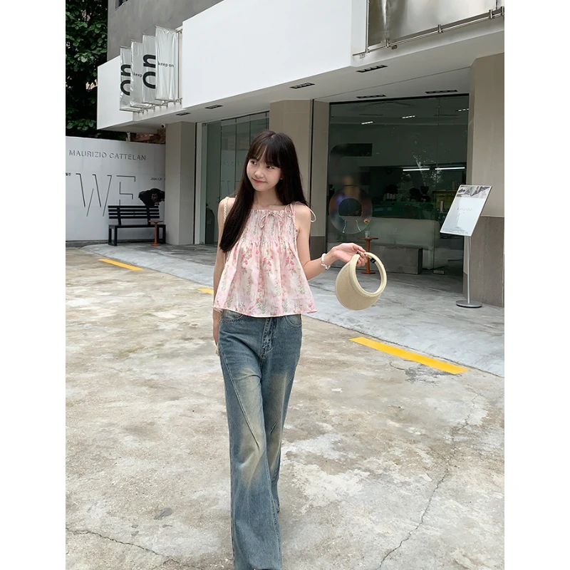 大sim小sim 碎花吊带绑带印花背心女夏外穿无袖上衣女辣妹1191