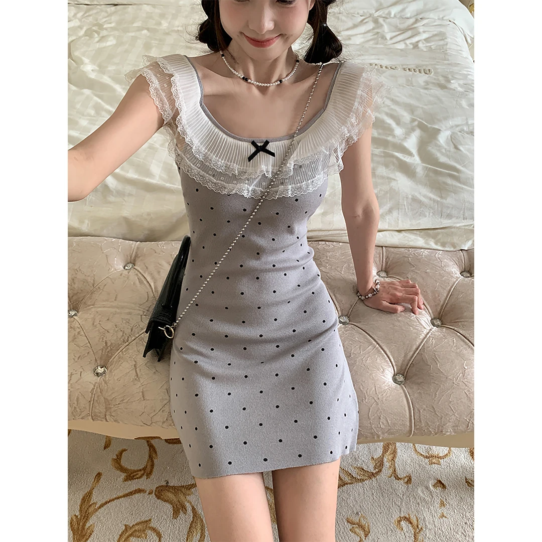 【青青】波点连衣裙女蕾丝边包臀裙夏季高腰显瘦性感a字短款裙