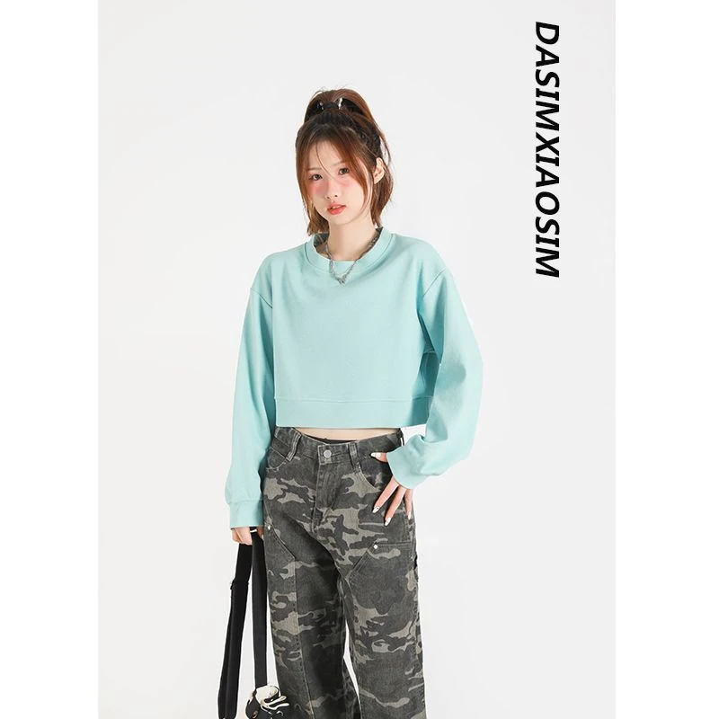 【青青】糖果色长袖短款卫衣女慵懒风小个子纯色宽松套头上衣8192